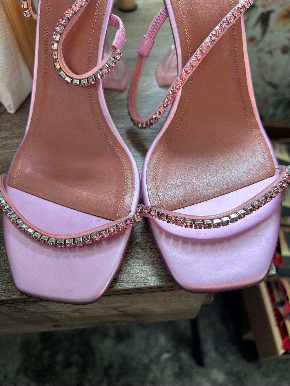 Amina Muaddi Pink Glinda Crystal-Embellished Satin Heels - Picture 5 of 5